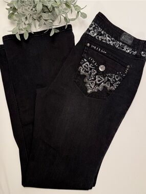 Love Indigo Black Embellished Bootcut Jeans Women’s Size 14 Silver Lace Detail